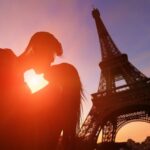 Romantic lovers with eiffel tower