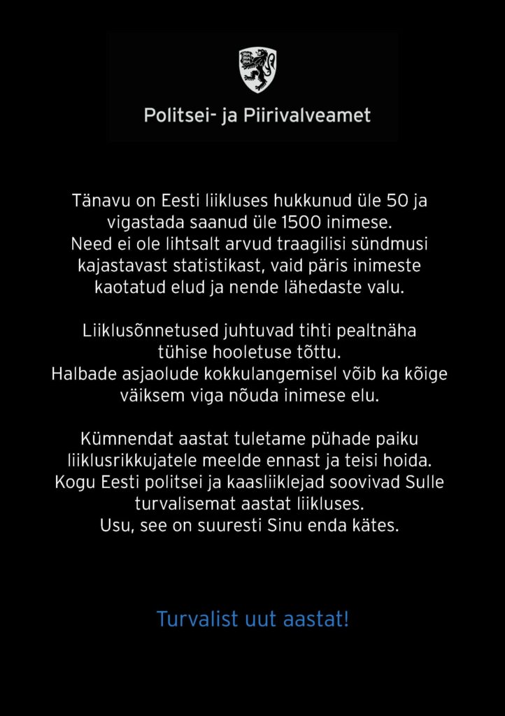 Politsei saadab kümnendat aastat liiklusrikkujatele musta jõulukaardi 7 Must kaart 2020 tagakulg