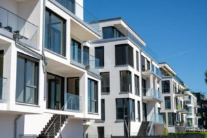 Modern white townhouses seen in Berlin, Germany