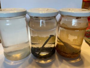 Nõmme kraanist lastud veeproovid pärast viimast Ülemiste järve veega tehtud katsetust: parempoolses purgis vohab rauabakter, keskmises purgis on surnud rauabakter ning vasakpoolses on vesi, mille põhjas on hall sade.