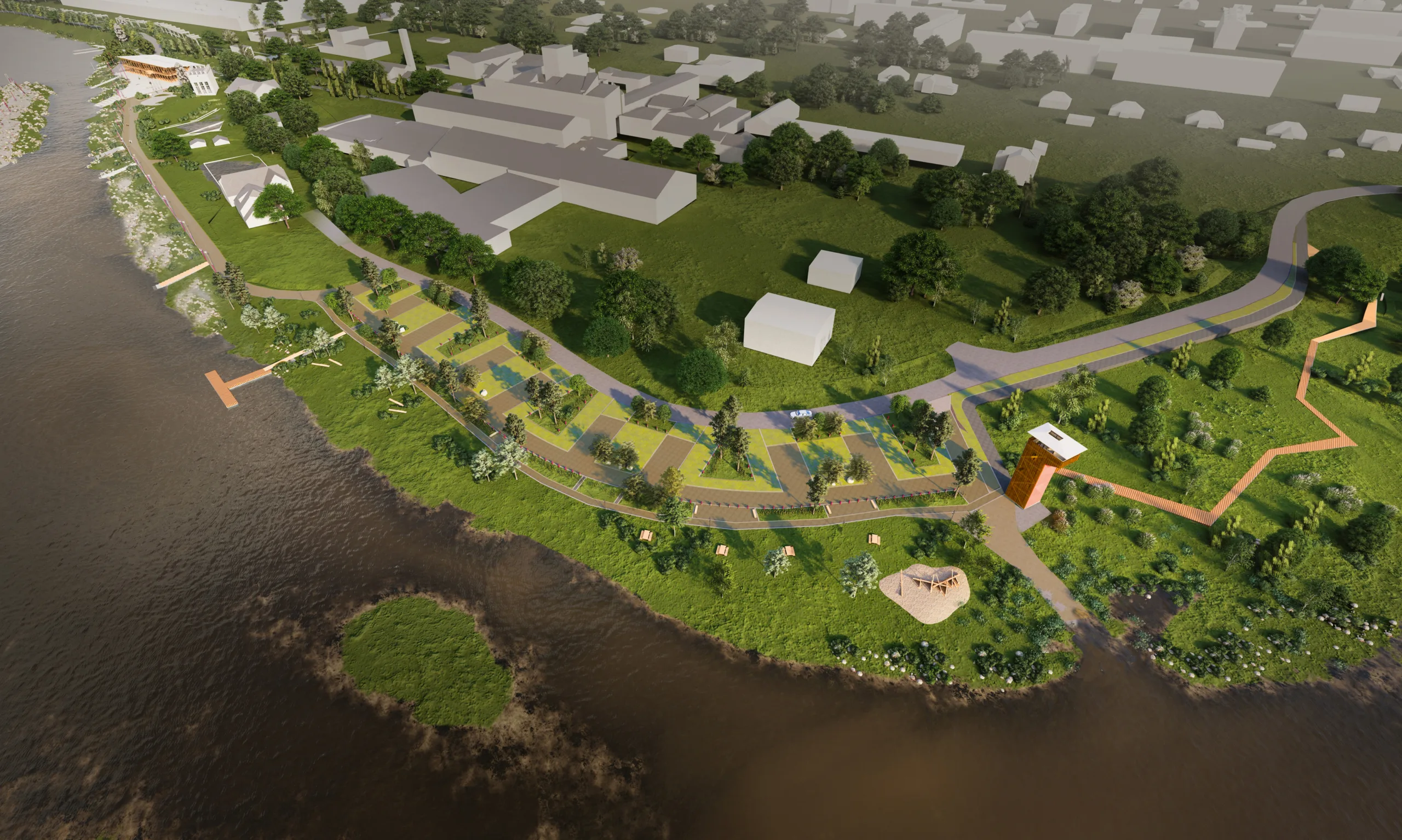 Roheala Sindis Pärnu jõe ääres, illustratsioon arhitektuuribüroo molumba