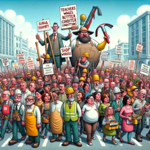 DALL·E 2024-01-23 09.54.21 - A humorous and whimsical illustration showing teachers, shop workers, cleaners, and builders all joining in a large, exaggerated solidarity march. The