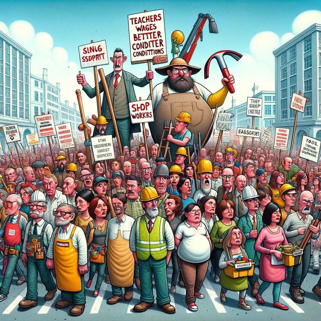 DALL·E 2024-01-23 09.54.21 - A humorous and whimsical illustration showing teachers, shop workers, cleaners, and builders all joining in a large, exaggerated solidarity march. The